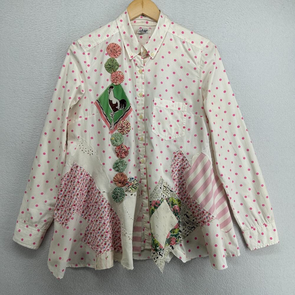CHAR SANTA FE Shirt M Patchwork Tunic Rooster Polka Dot Swing Off White VTG